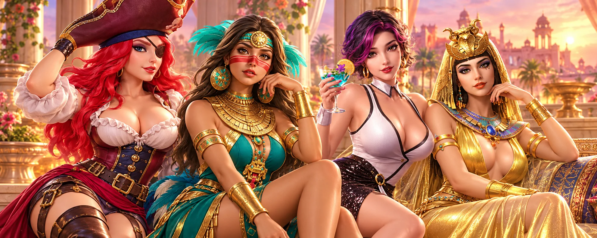 ภาพรวมตัวละครผู้หญิงจาก Queen of Bounty, Mayan Destiny, Cocktail Nights และ Secrets of Cleopatra ในบรรยากาศหรูโทนชมพูทอง